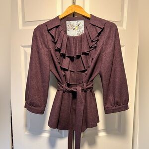 Anthropologie Tabitha jacket size 8 purple wool blend with pocket and tie belt